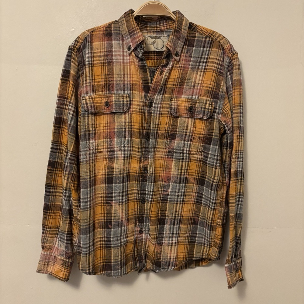 Angry Minnow Men's Flannel Orange Plaid S Elephant Distressed‎ 100% Cotton